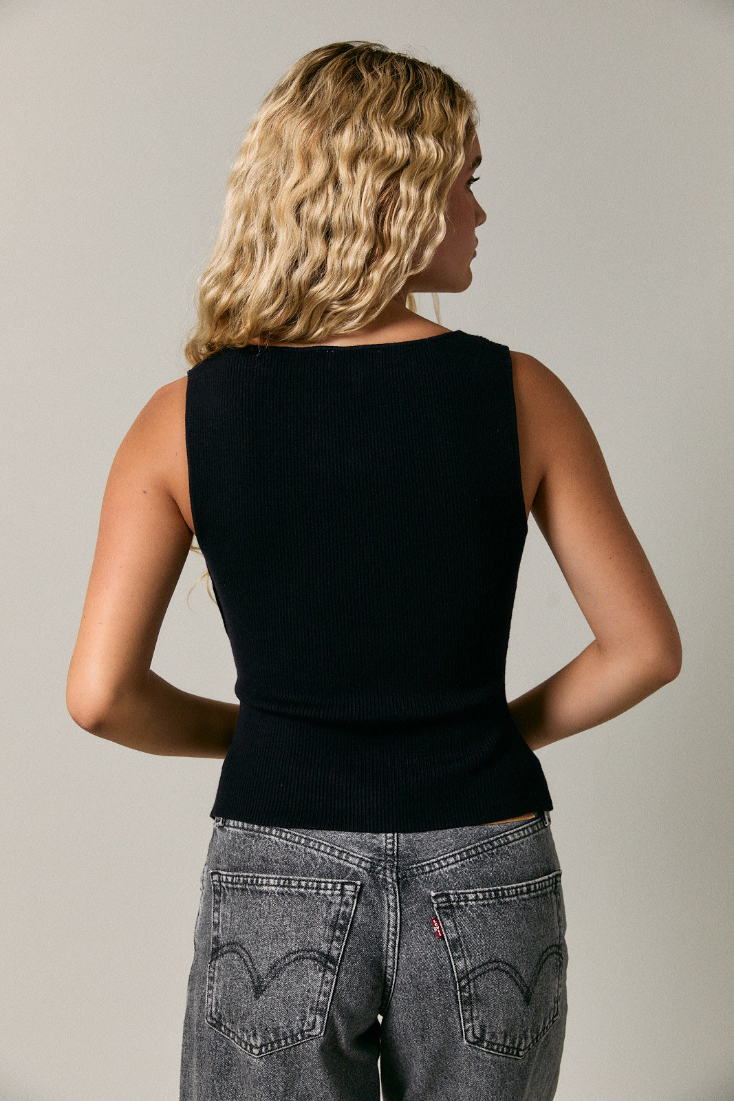 Boat Neck Button Down Sweater Vest - Black