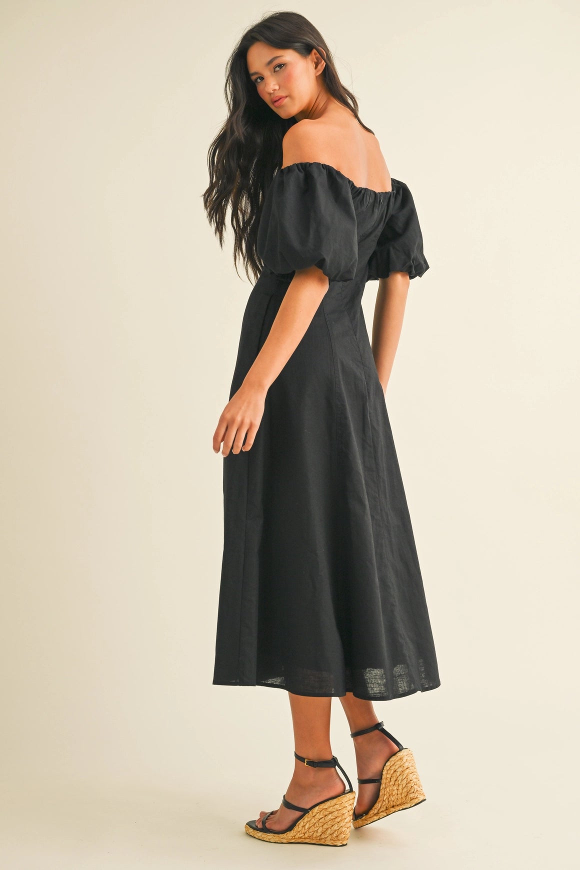 Off Shoulder A-Line Midi Dress - Black