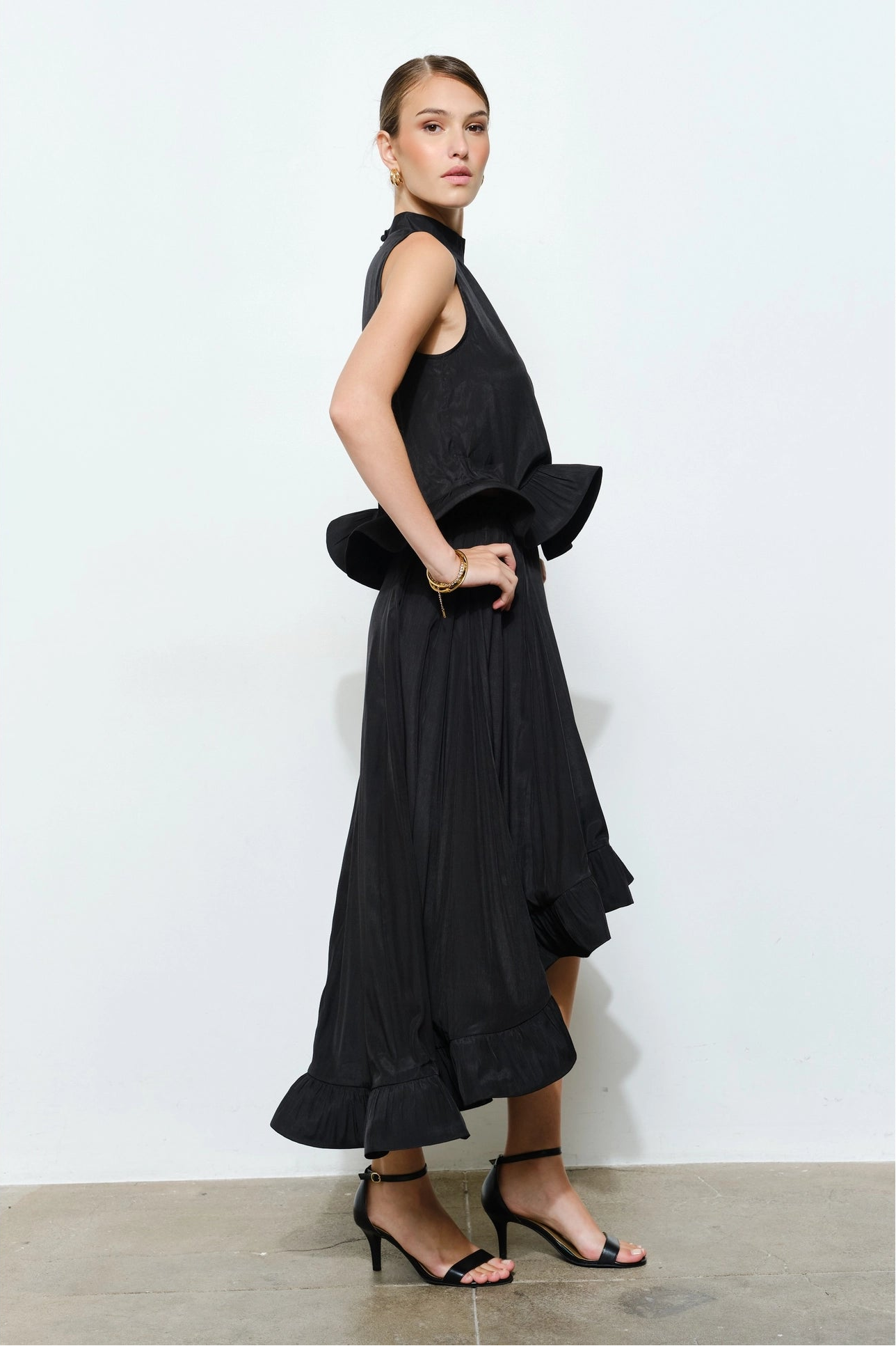 Ruffled High-Low Midi Skirt - Black