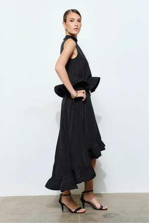 Ruffled High-Low Midi Skirt - Black