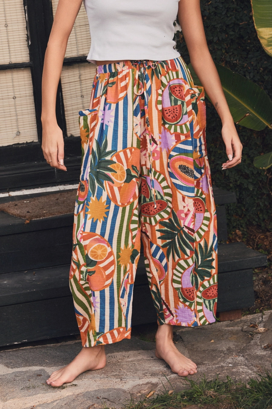 Tropical Print Wide Leg Pants