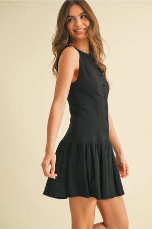 Stretchy Linen Drop Waist Mini Dress - Black