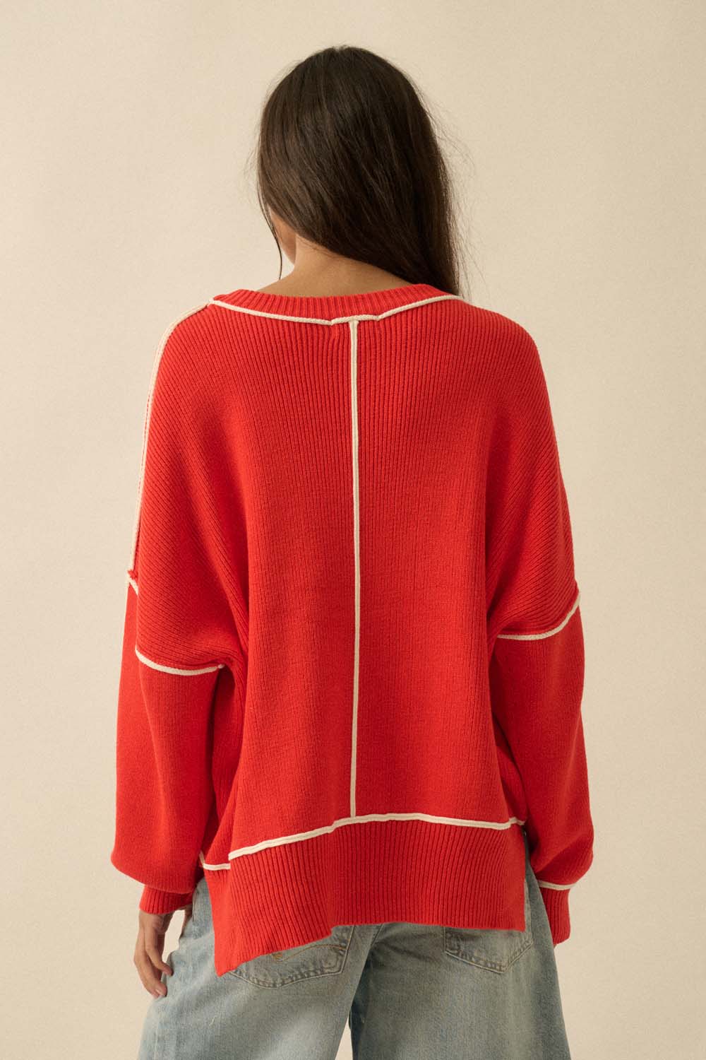 Ribbed Knit Oversized Sweater - Red