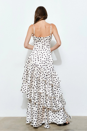 Satin Polka Dot Ruffle Maxi Dress - White