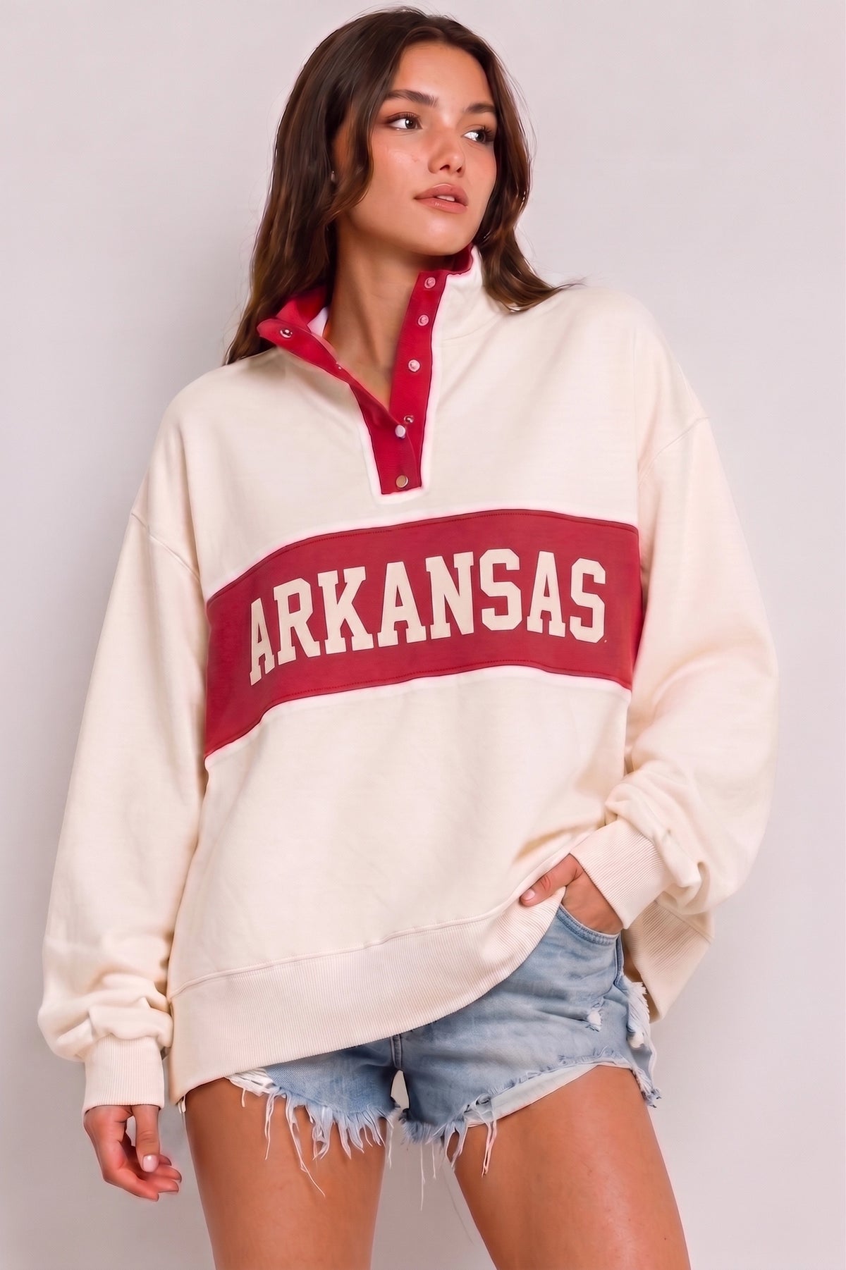 'Arkansas' Varsity Snap Sport Pullover - Cream