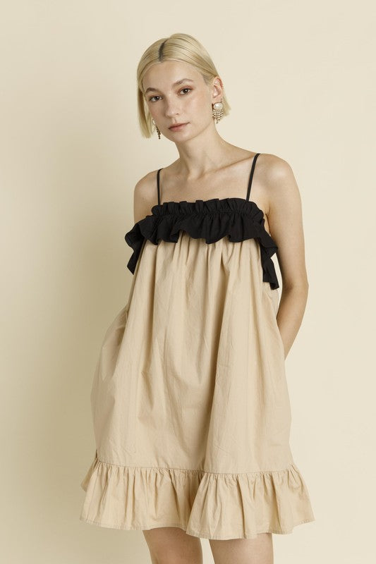Color Block Ruffle Mini Dress - Tan