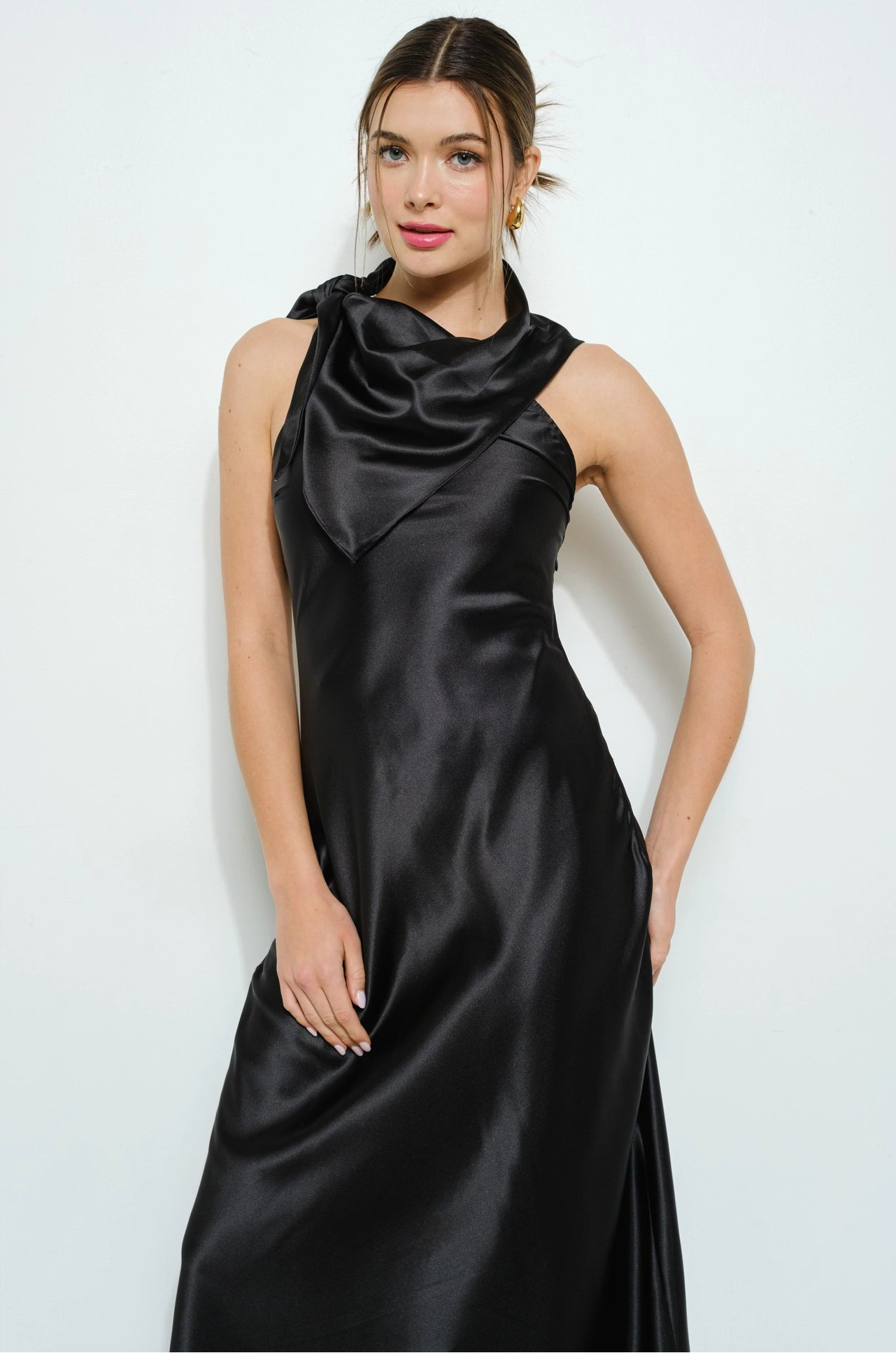 Satin Cowl Halter Neck Maxi Dress - Black