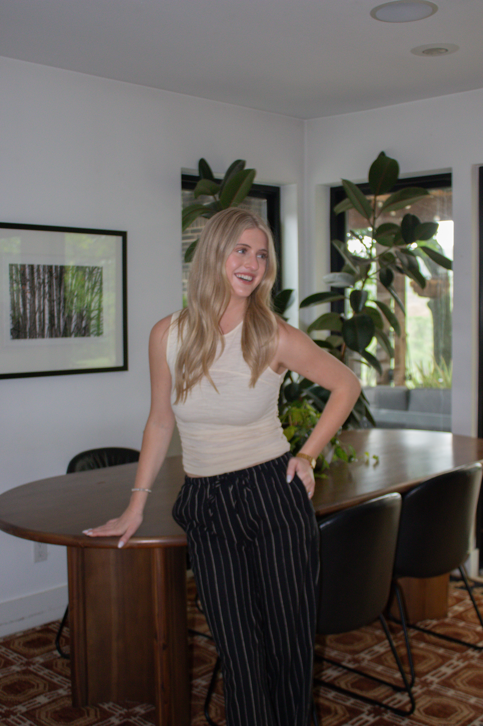 Striped Linen Wide Leg Pants - Black