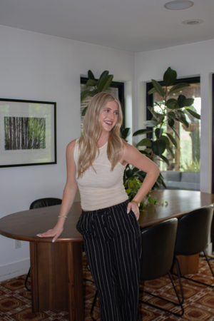 Striped Linen Wide Leg Pants - Black