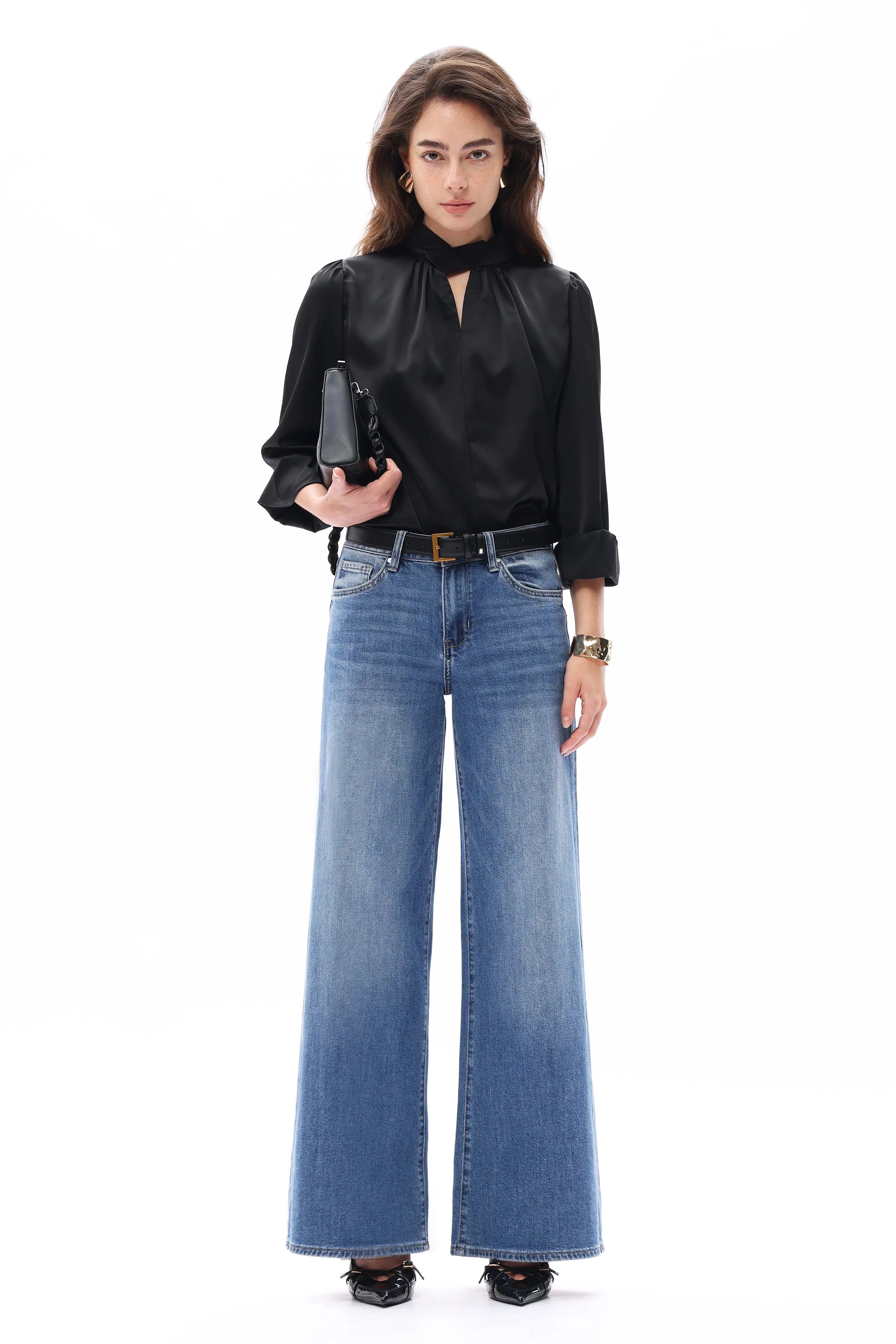 Mid Rise Wide Leg Jeans - Medium Blue