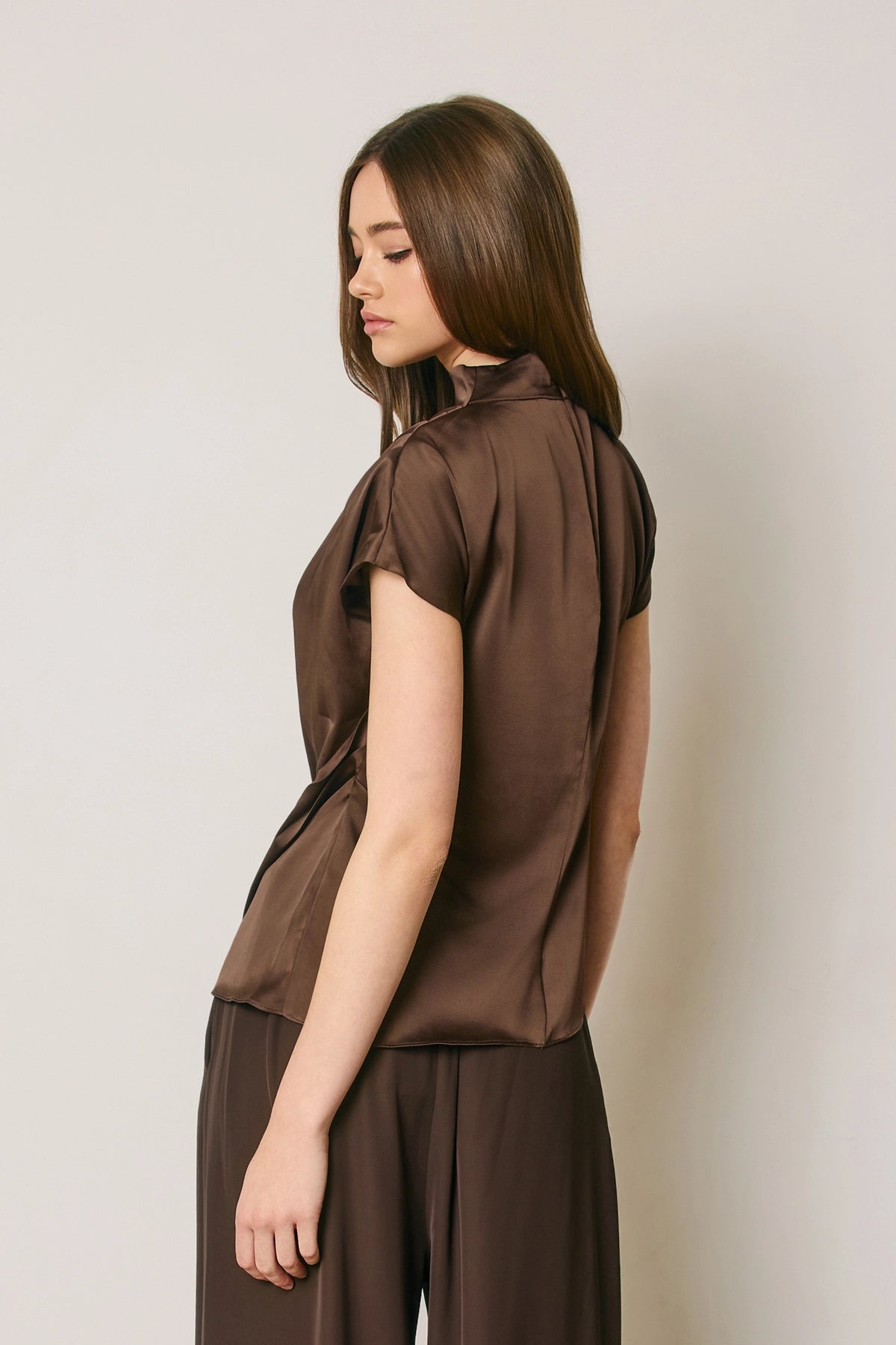 Draped Satin Mock Neck Blouse - Espresso