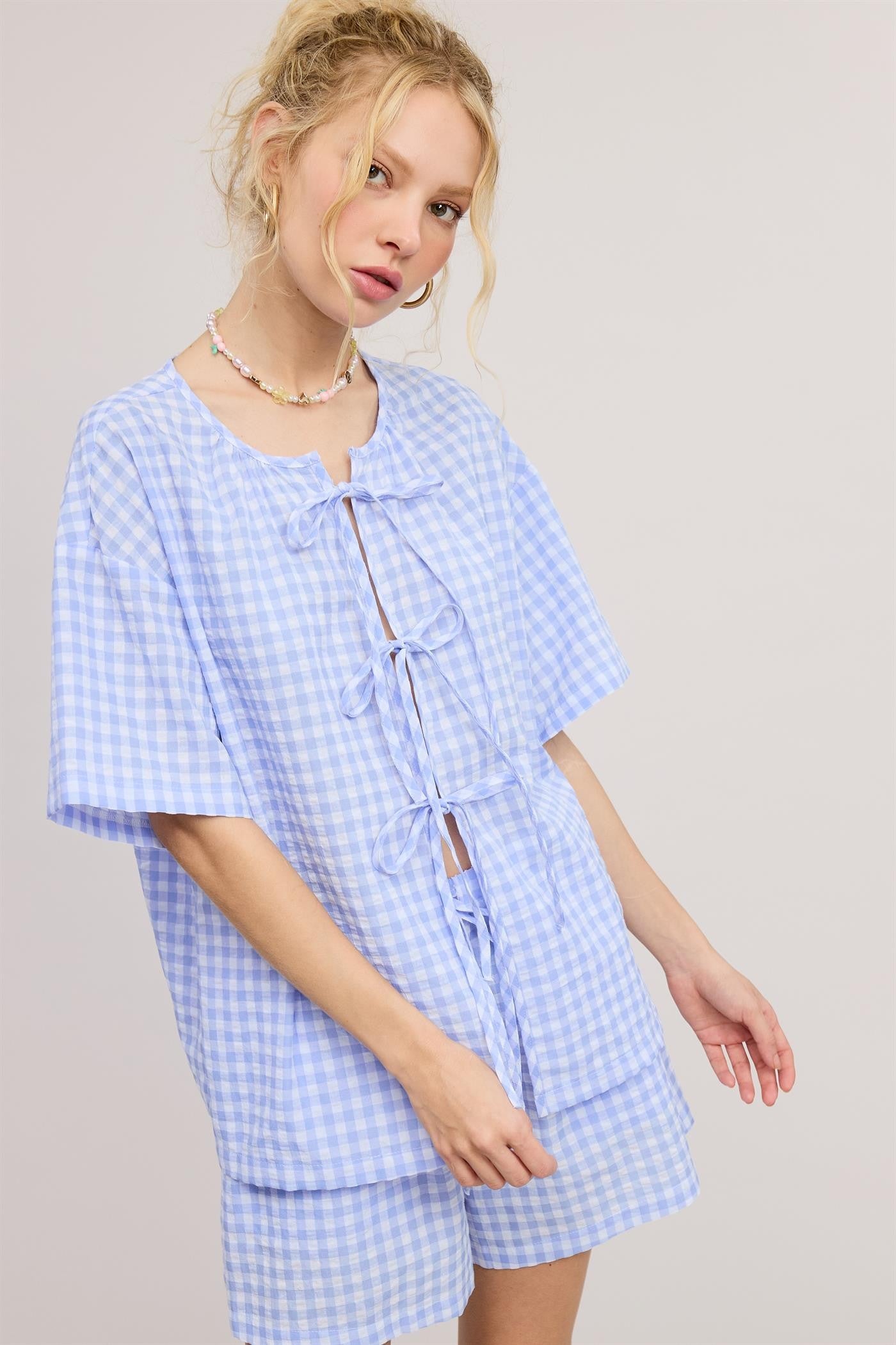 Gingham Ribbon Tie Shorts Set - Baby Blue