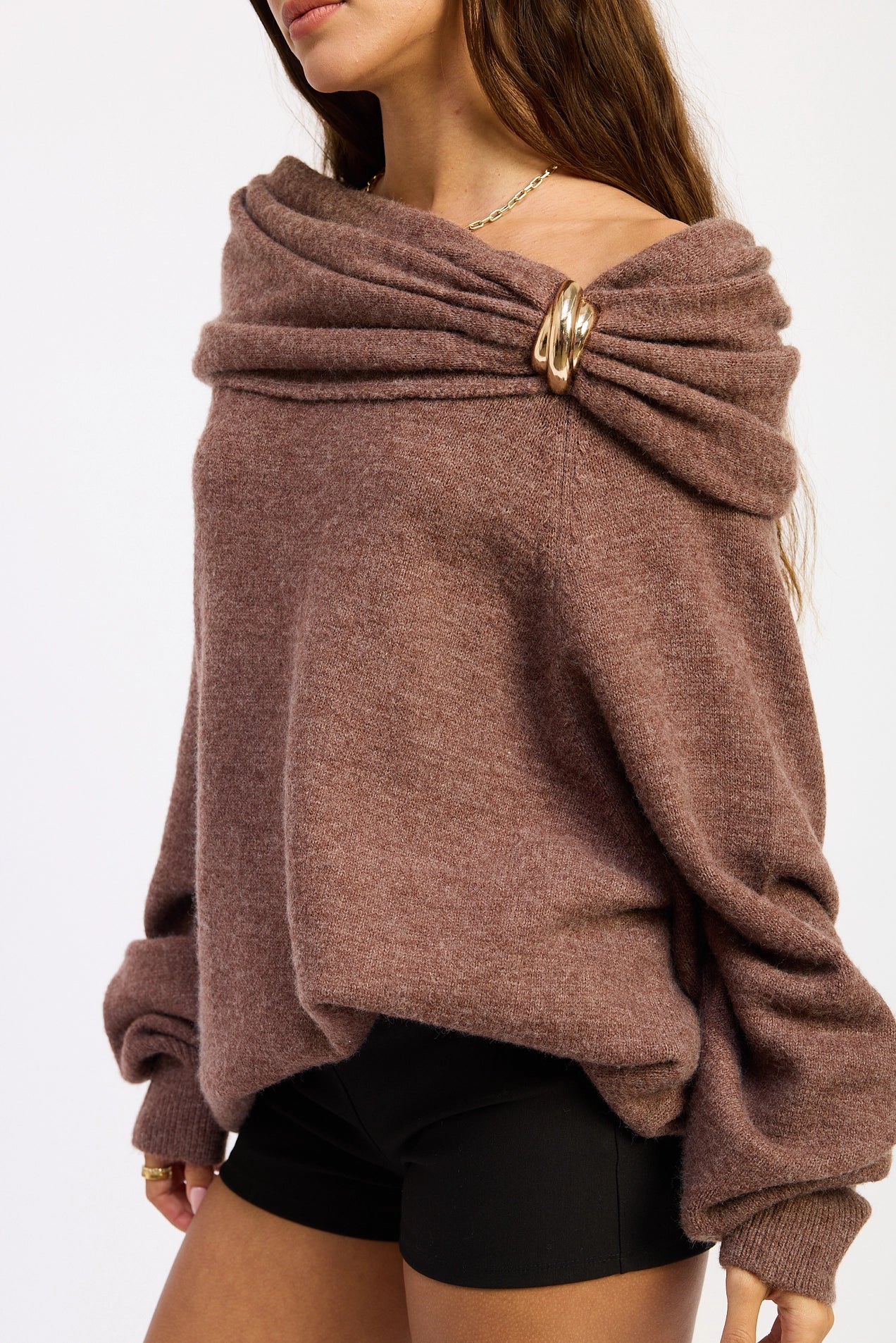 Off Shoulder Bubble Hem Sweater - Chocolate