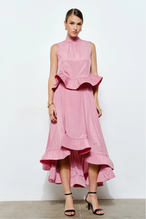 Ruffled High-Low Midi Skirt - Pink
