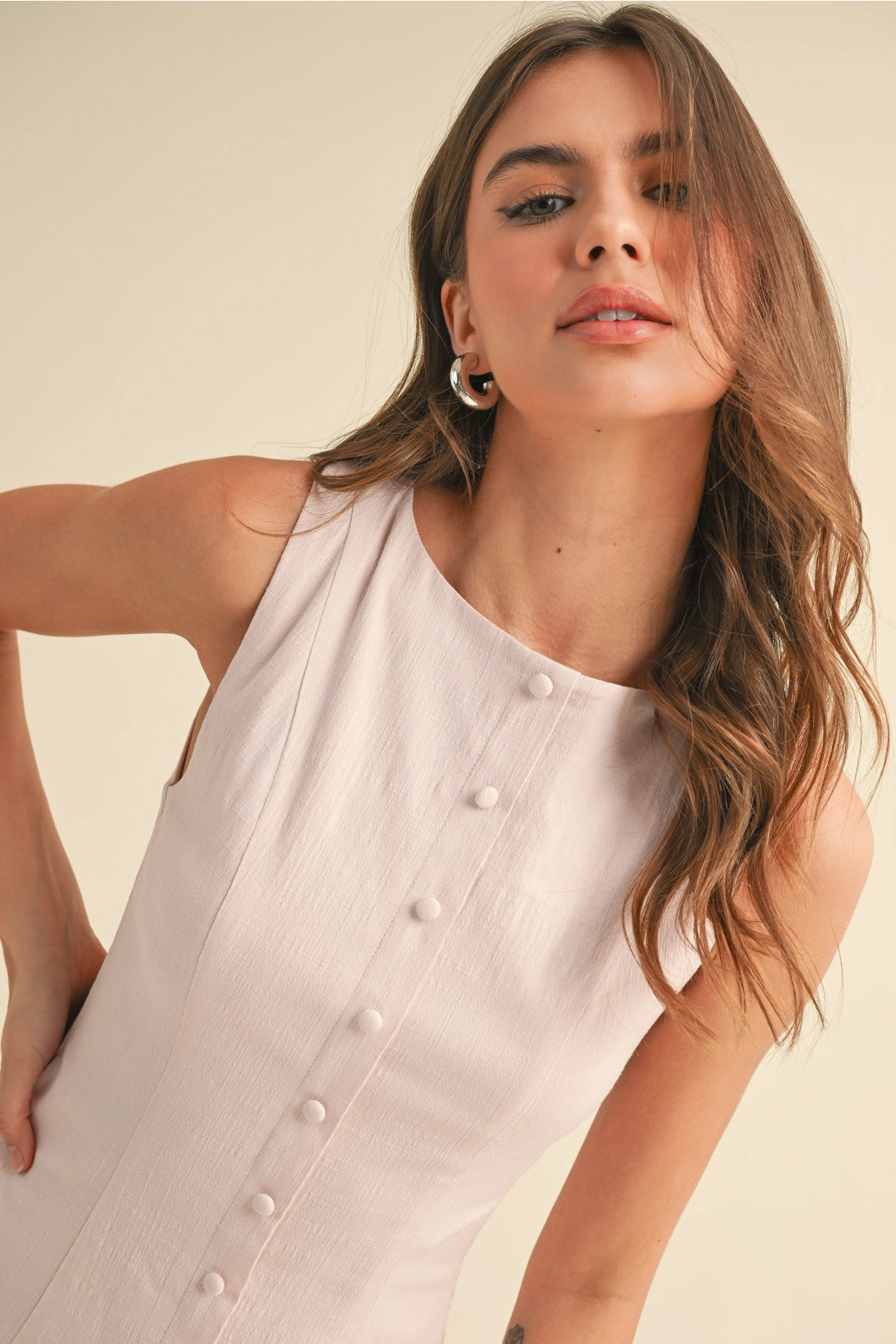 Stretchy Linen Drop Waist Mini Dress - Pink