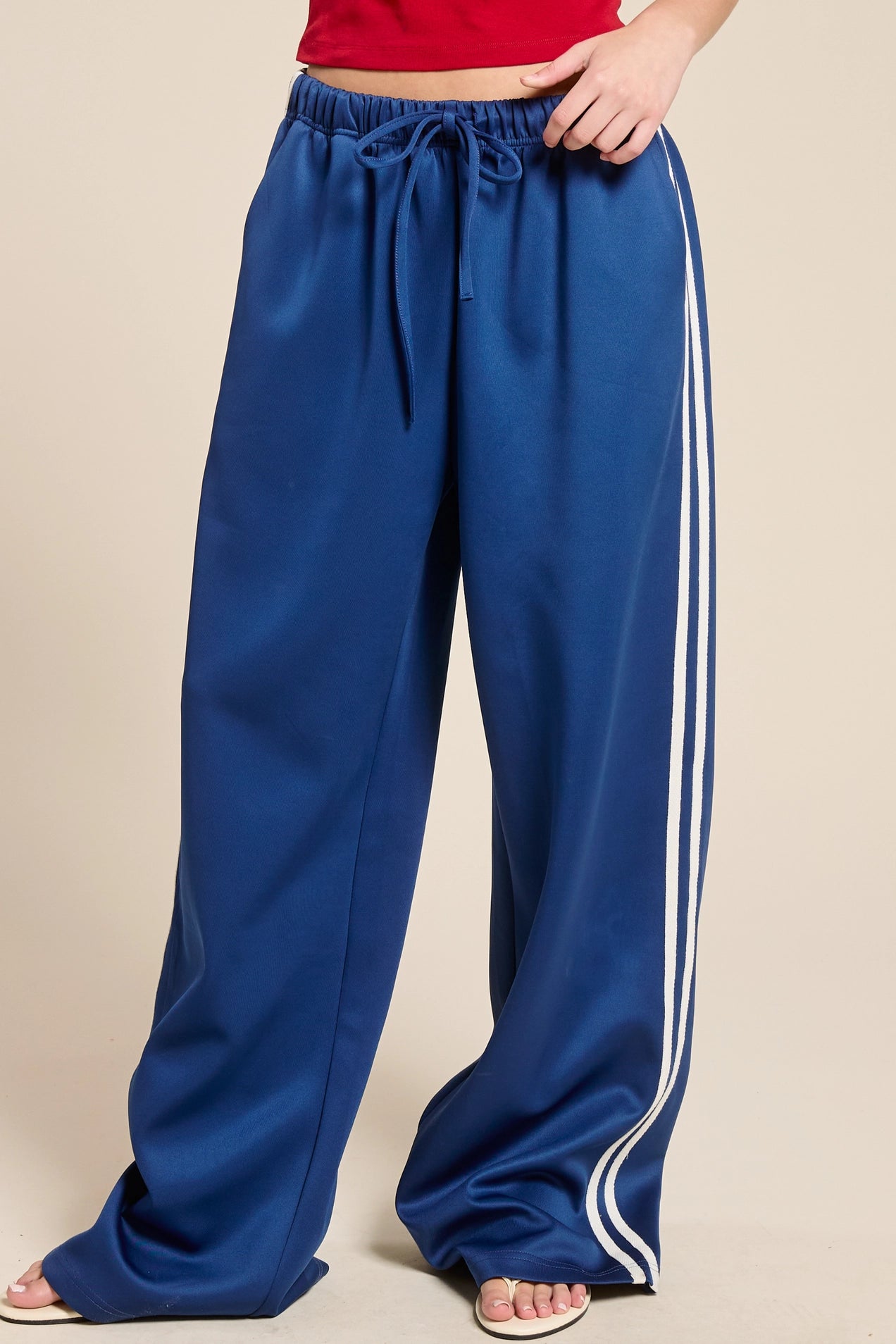 Wide Leg Satin Track Pants - Blue