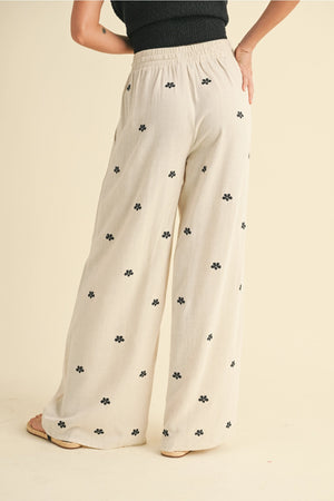Embroidered Wide Leg Linen Pants