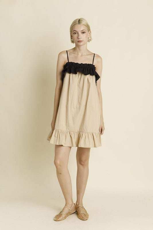 Tan Color Block Color Block Ruffle Mini Dress - Tan - Maude