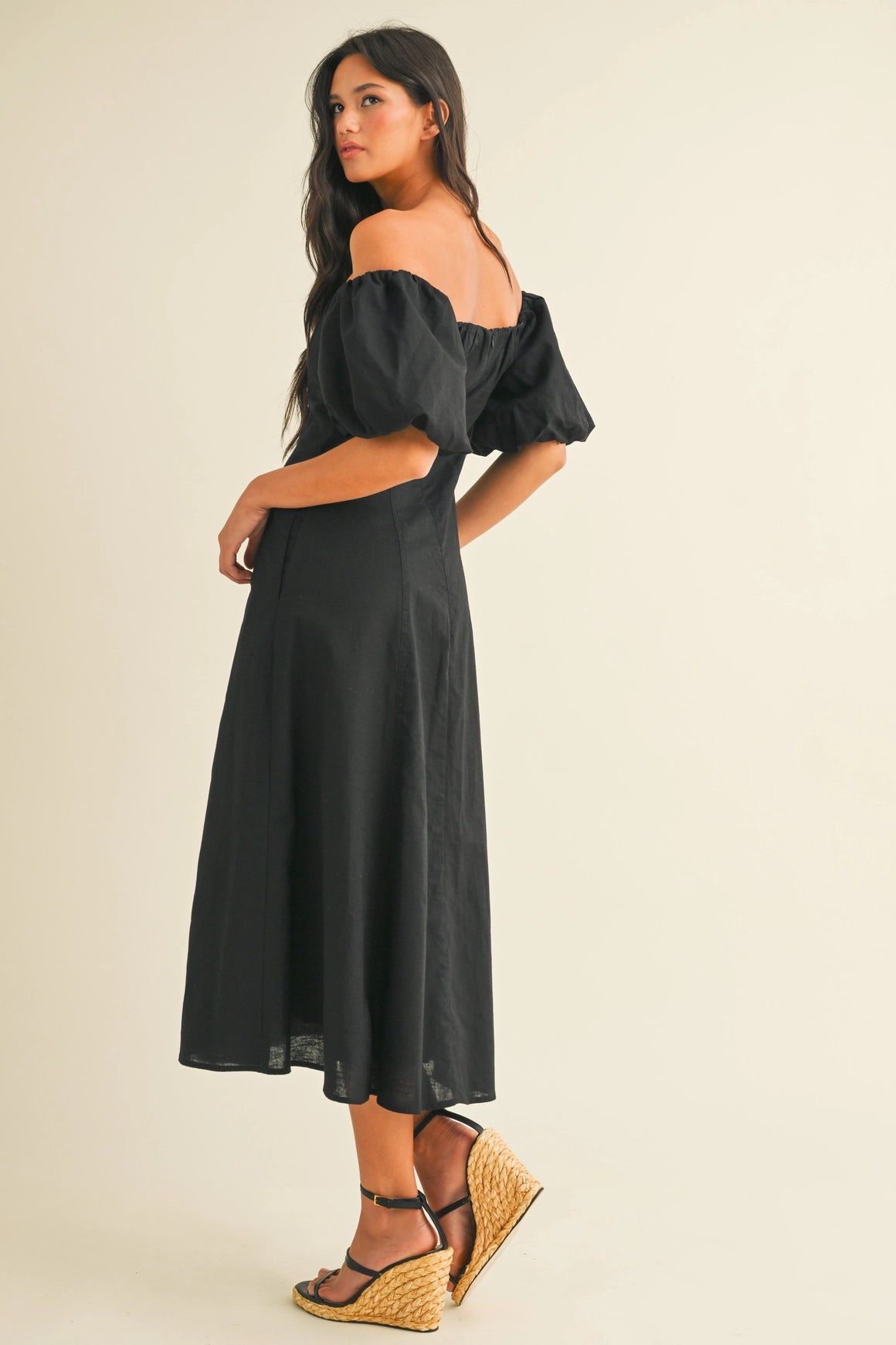 Off Shoulder A-Line Midi Dress - Black