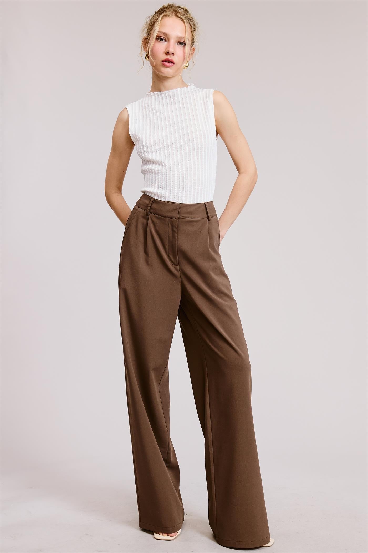 Pleated Wide Leg Trousers - Brown