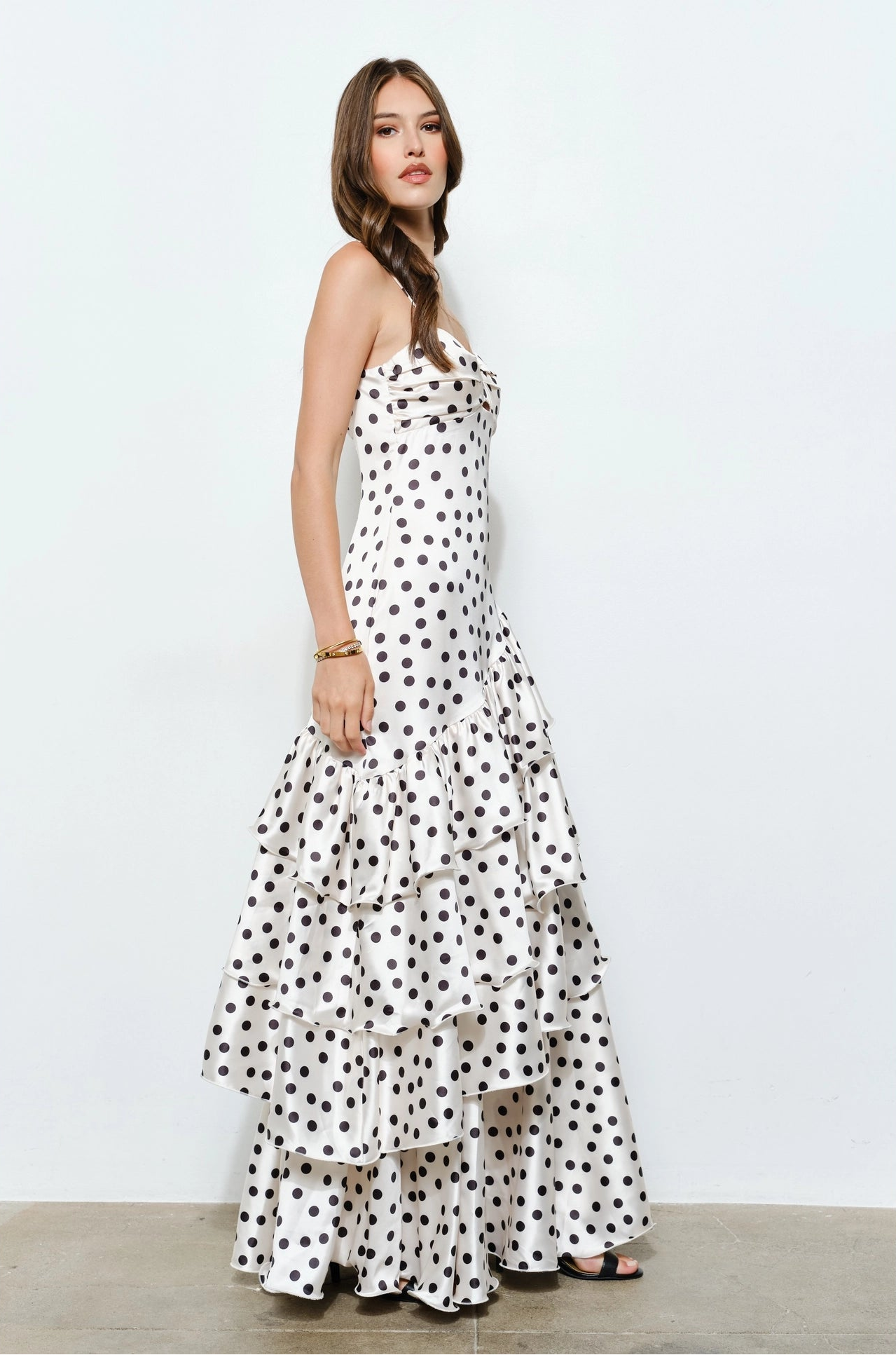 Satin Polka Dot Ruffle Maxi Dress - White