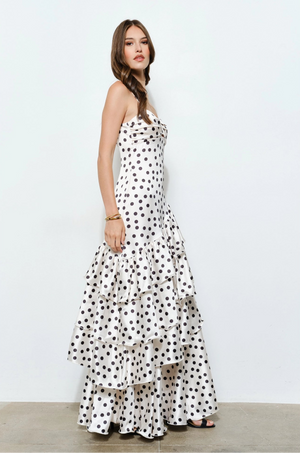 Satin Polka Dot Ruffle Maxi Dress - White