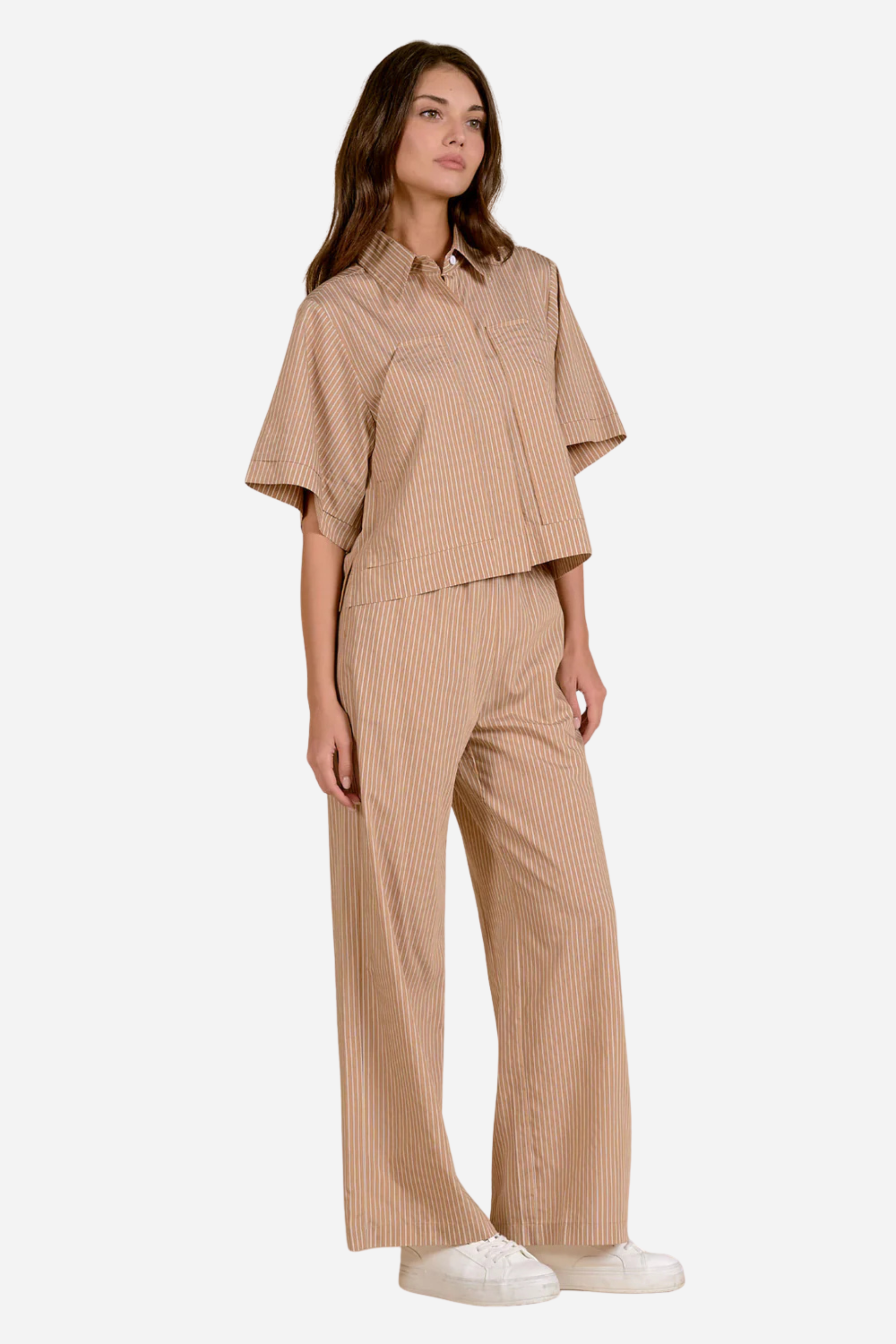 Pinstripe Cropped Button Down - Tan Stripe