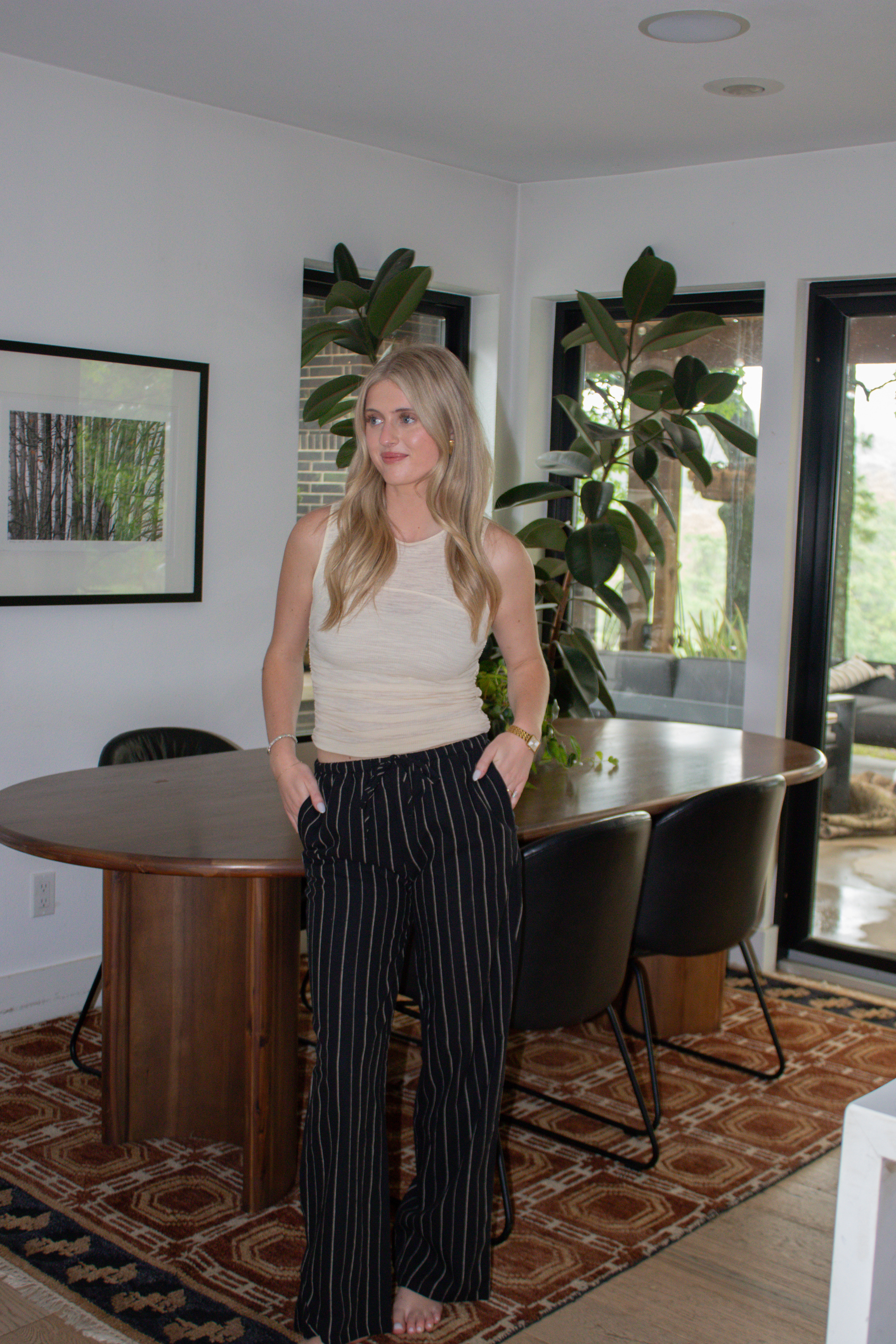Striped Linen Wide Leg Pants - Black