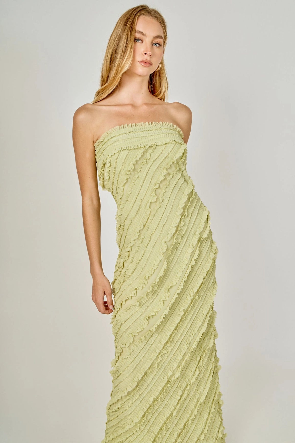 Endless Rose - Strapless Ruffled Maxi Dress - Pistachio