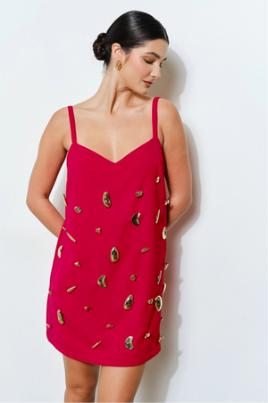 Metallic Embellished Mini Dress - Red