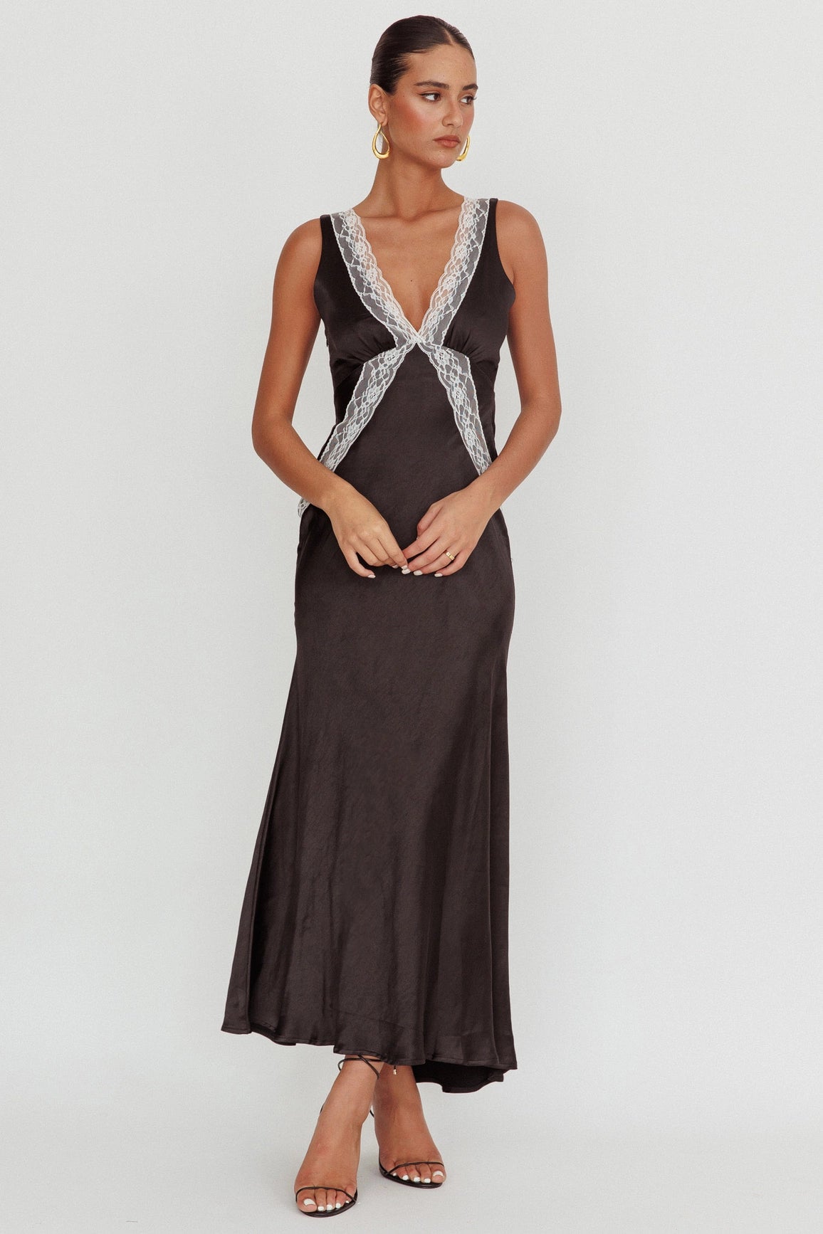 Lace Trim Satin Maxi Dress