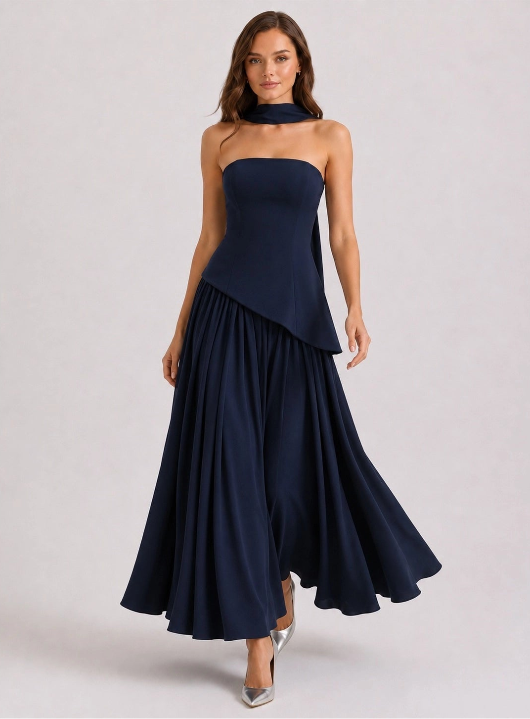 Strapless Lace Up Maxi Dress - Navy