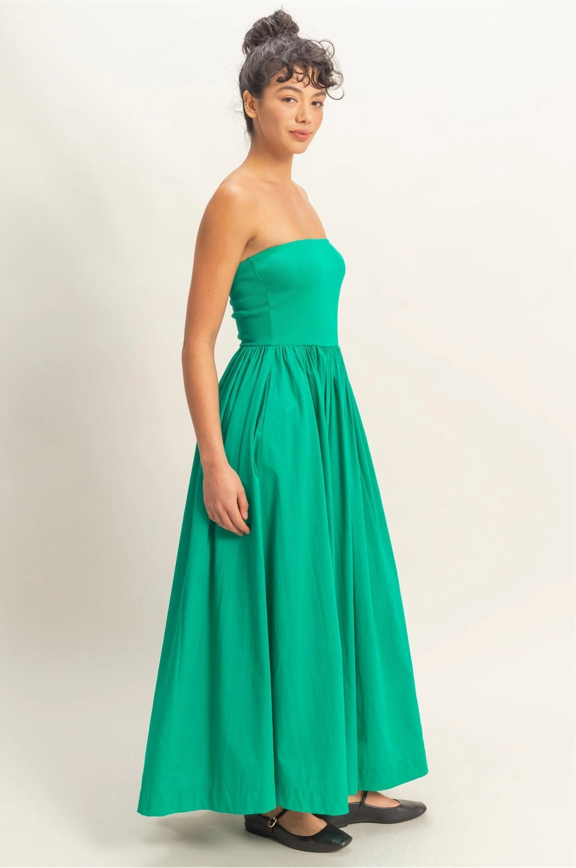 Strapless Flowy Midi Dress - Green