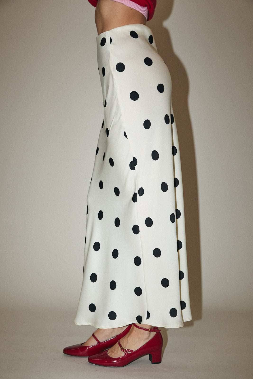Polka Dot Satin Midi Skirt - White