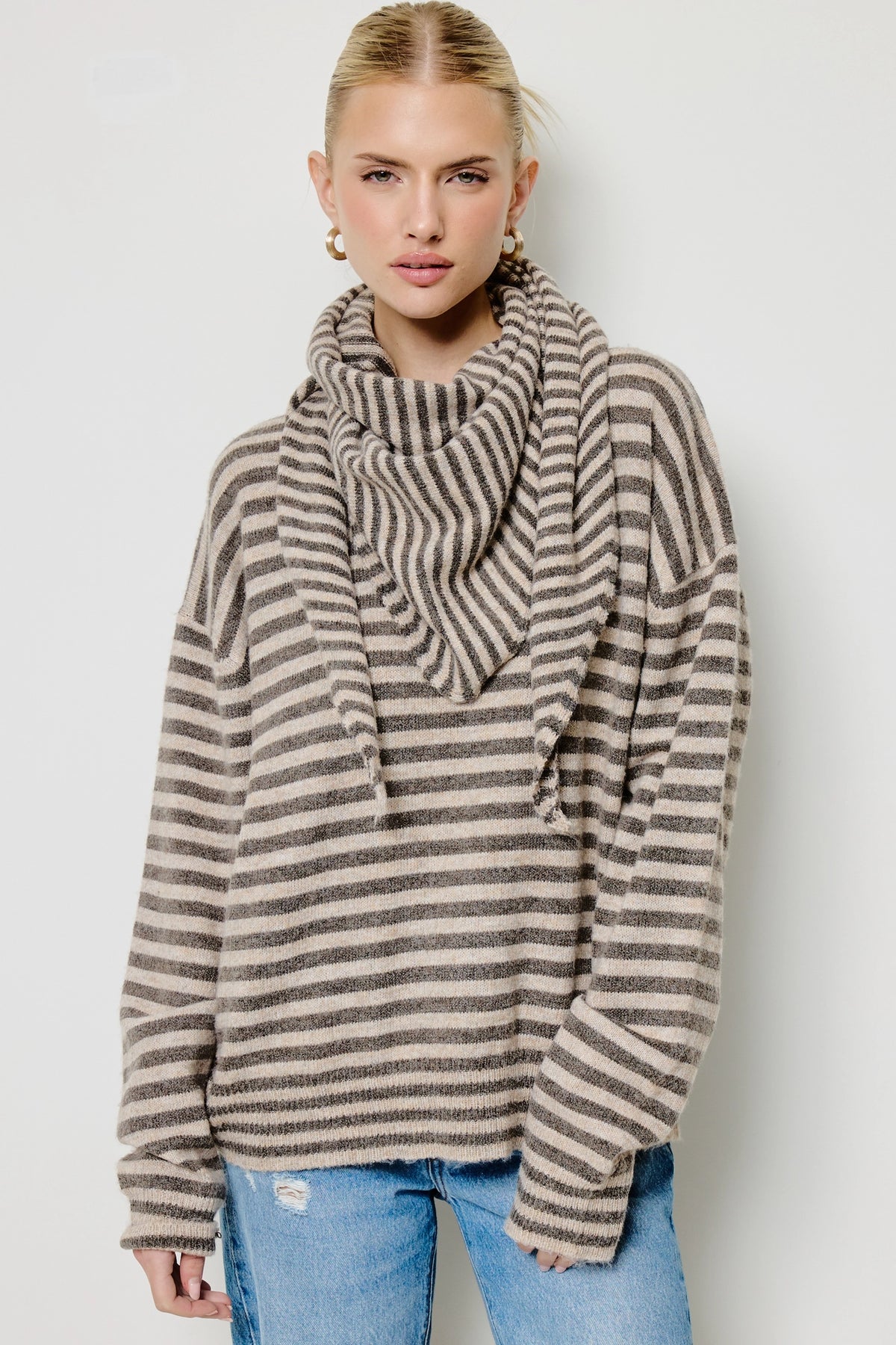 Stripe Knit Sweater Matching Scarf Set