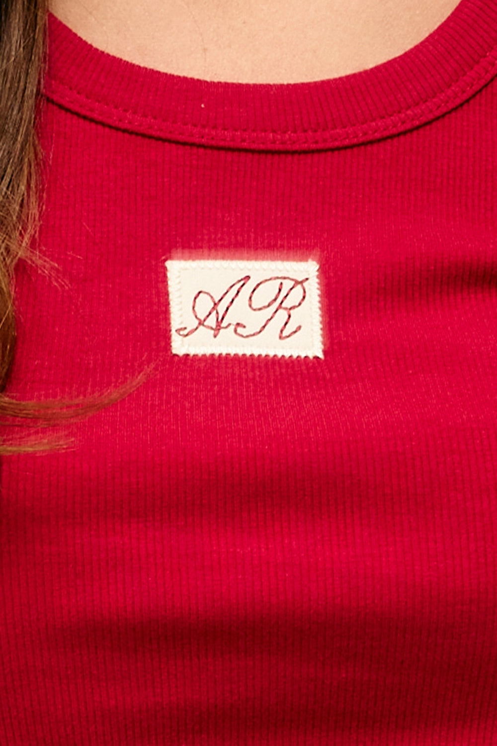'AR' Embroidered Patch Ribbed Tank Top - Red