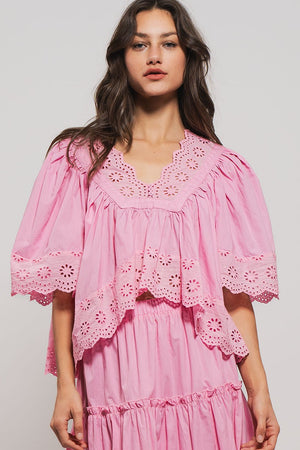 Flowing Hollow Laced Blouse - Pink