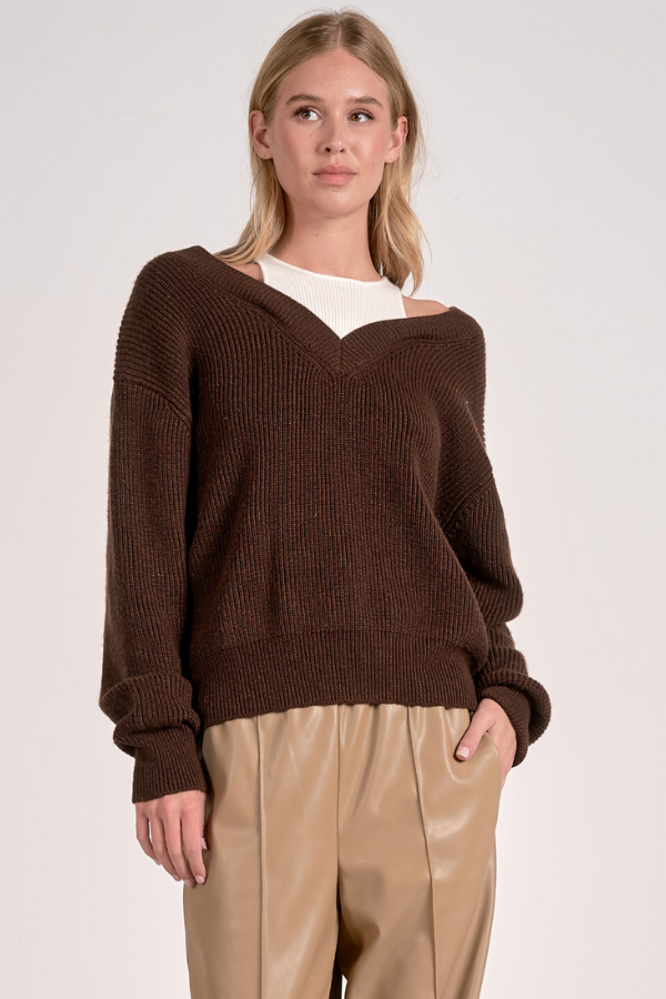 Deep V-Neck Sweater - Brown