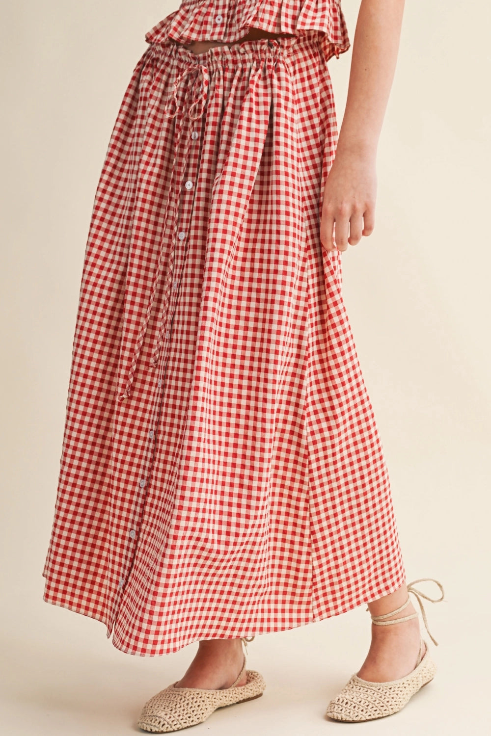 Gingham Button Down Maxi Skirt - Red