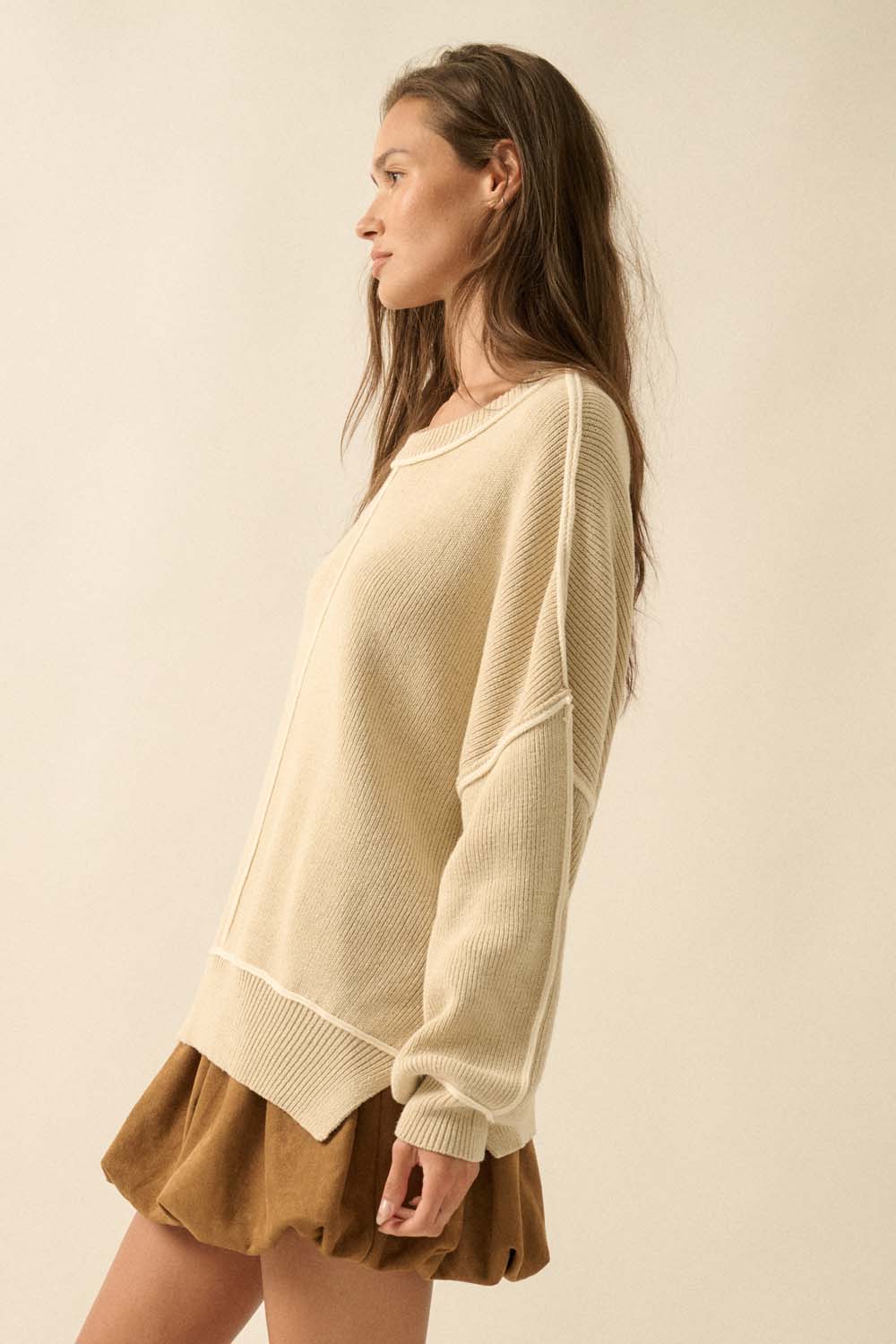 Ribbed Knit Oversized Sweater - Oatmeal