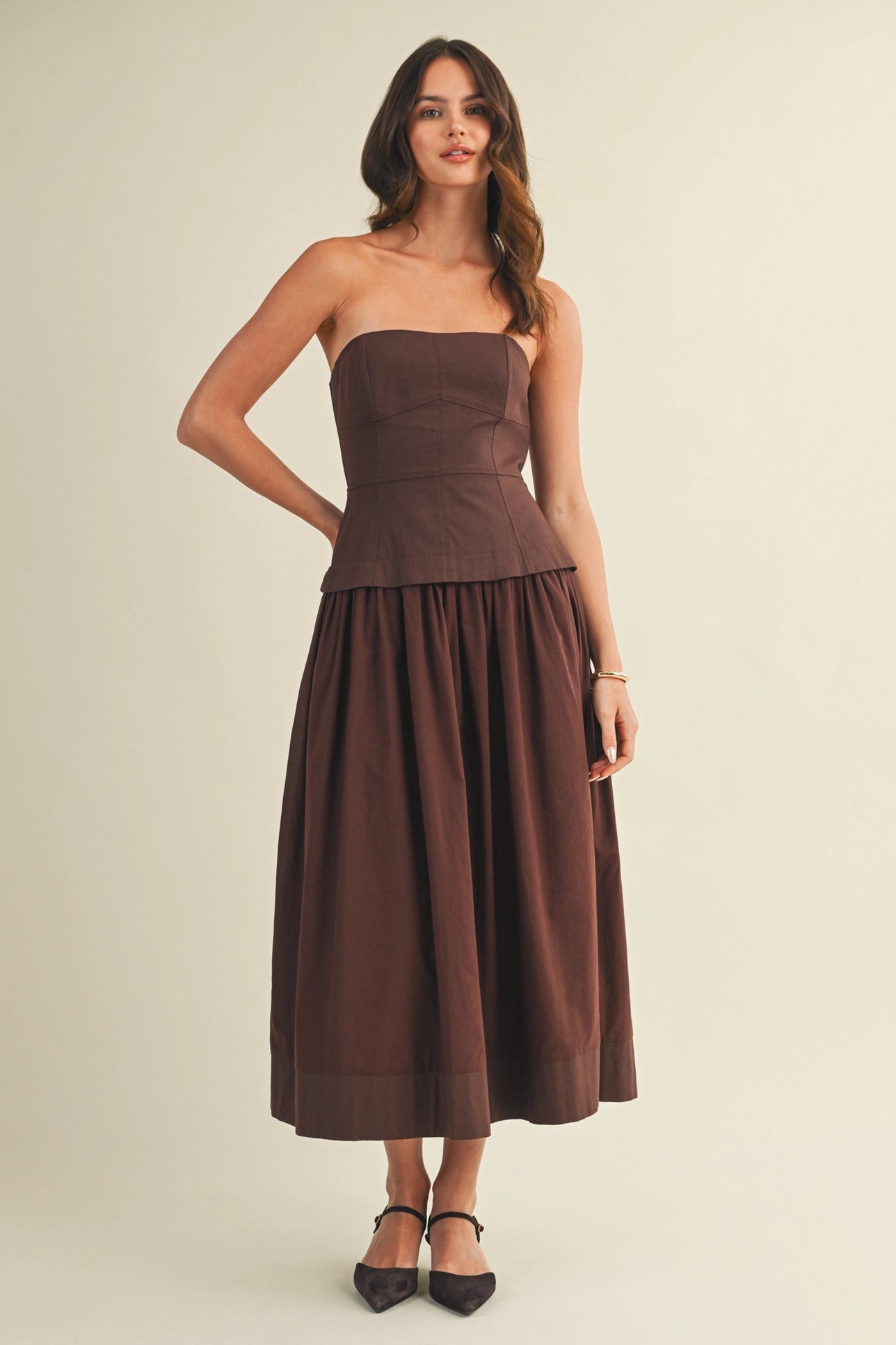Corset Lined Strapless Dress - Brown