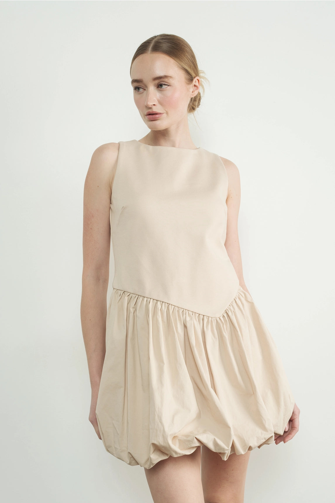 Asymmetrical Waist Bubble Dress - Taupe