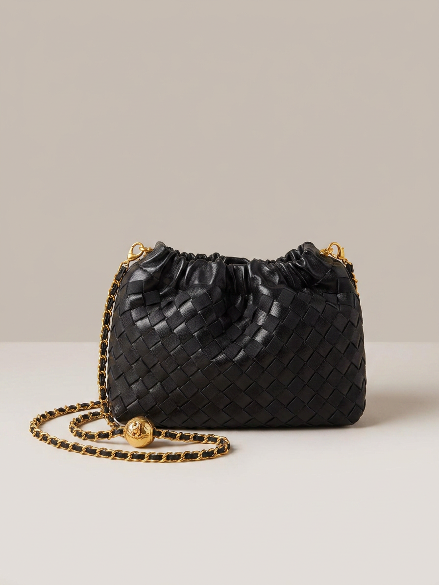 Cloud Woven Shoulder Bag - Black Suede