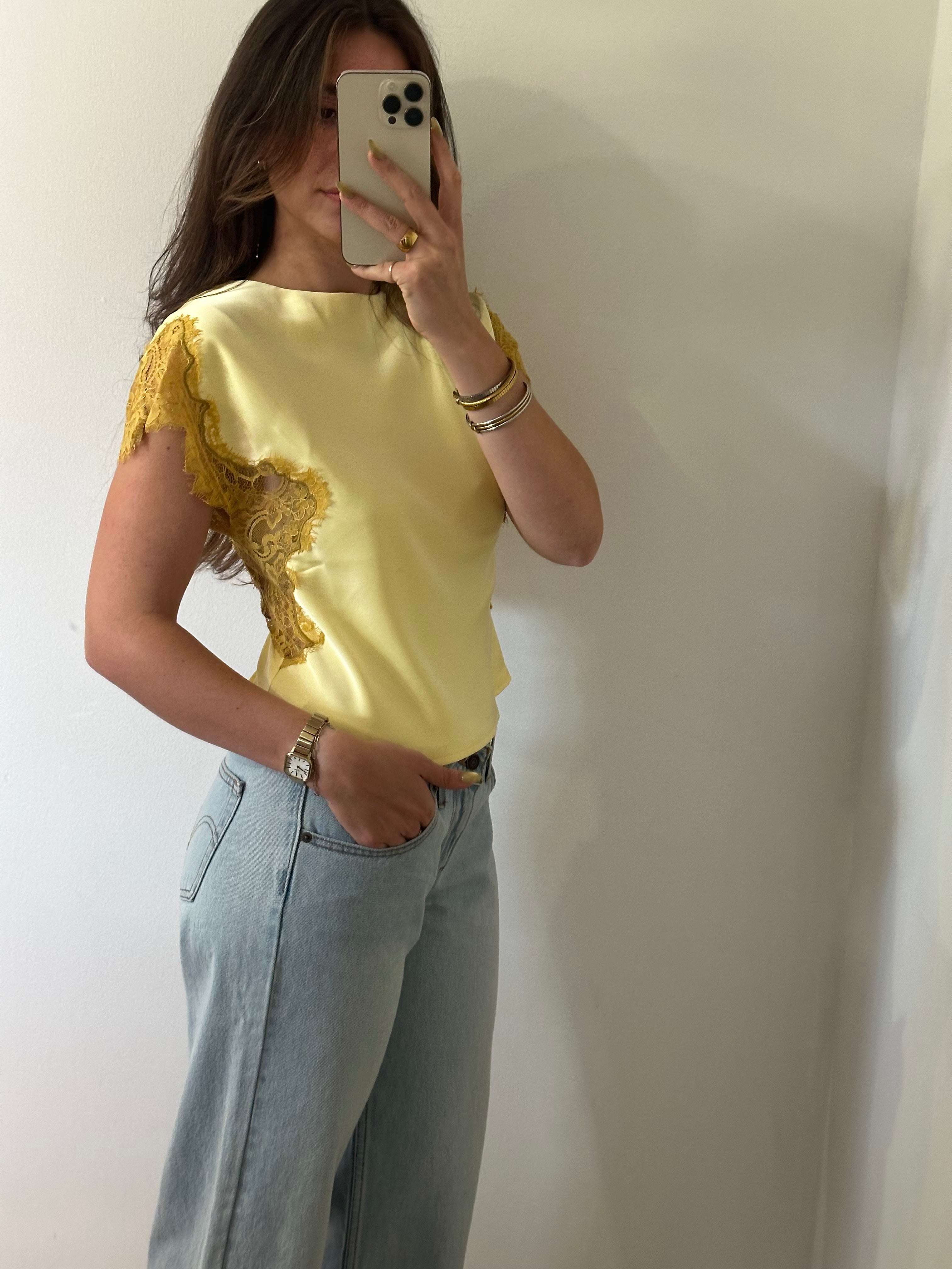 Gold Asymmetrical Lace Panel Top