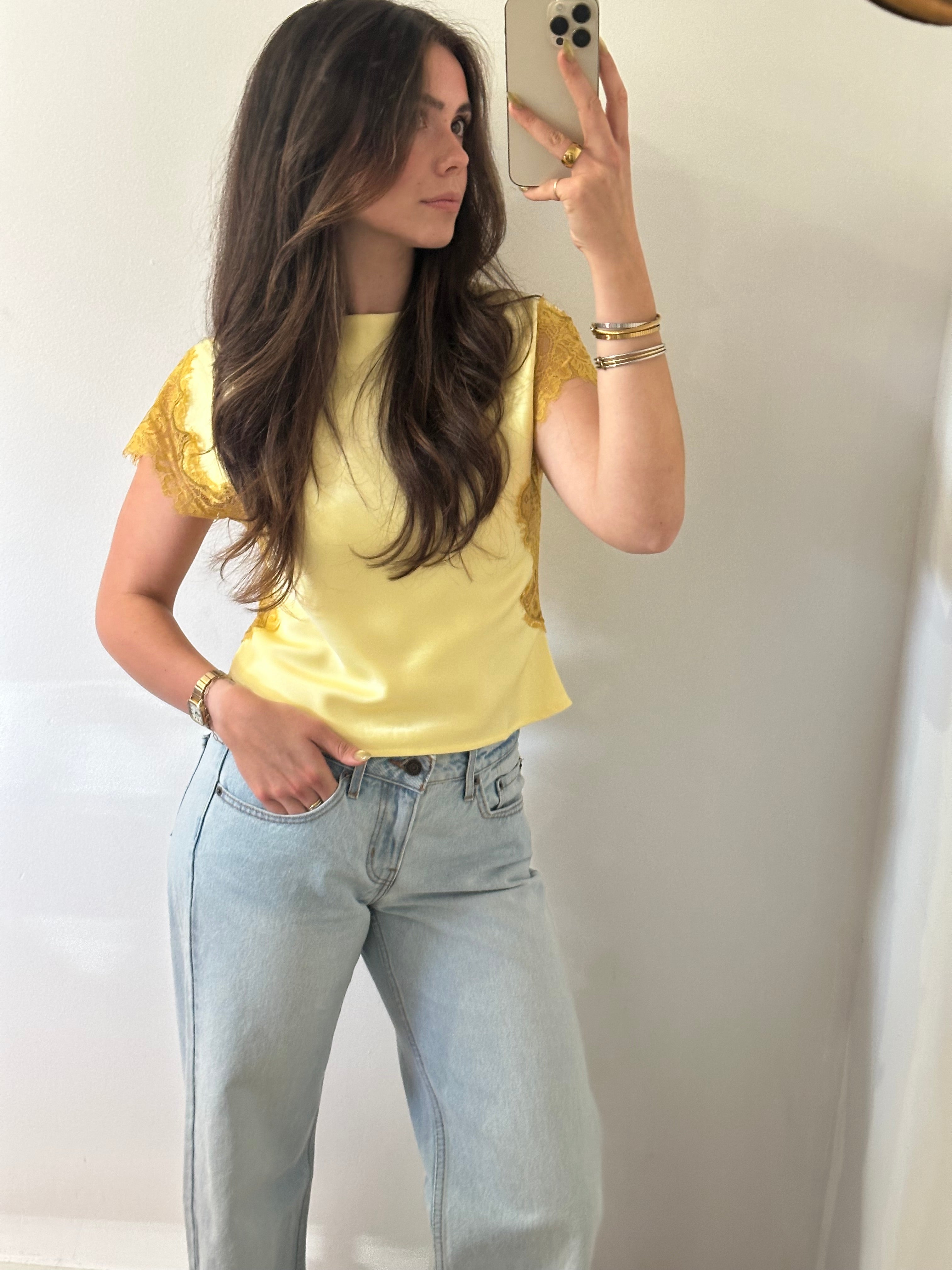 Gold Asymmetrical Lace Panel Top