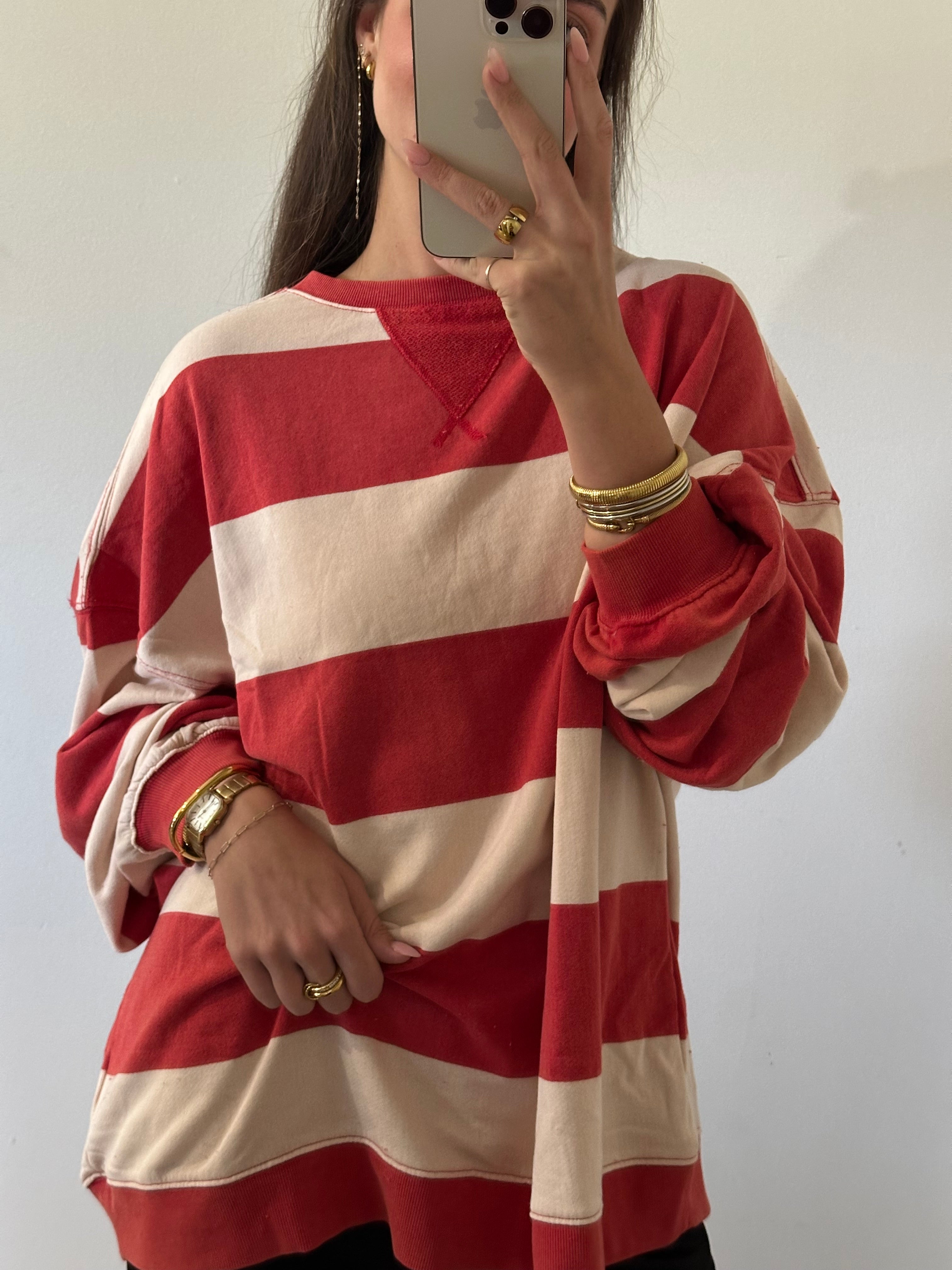 Free People - Classic Striped Oversized Crewneck - Cherry Combo
