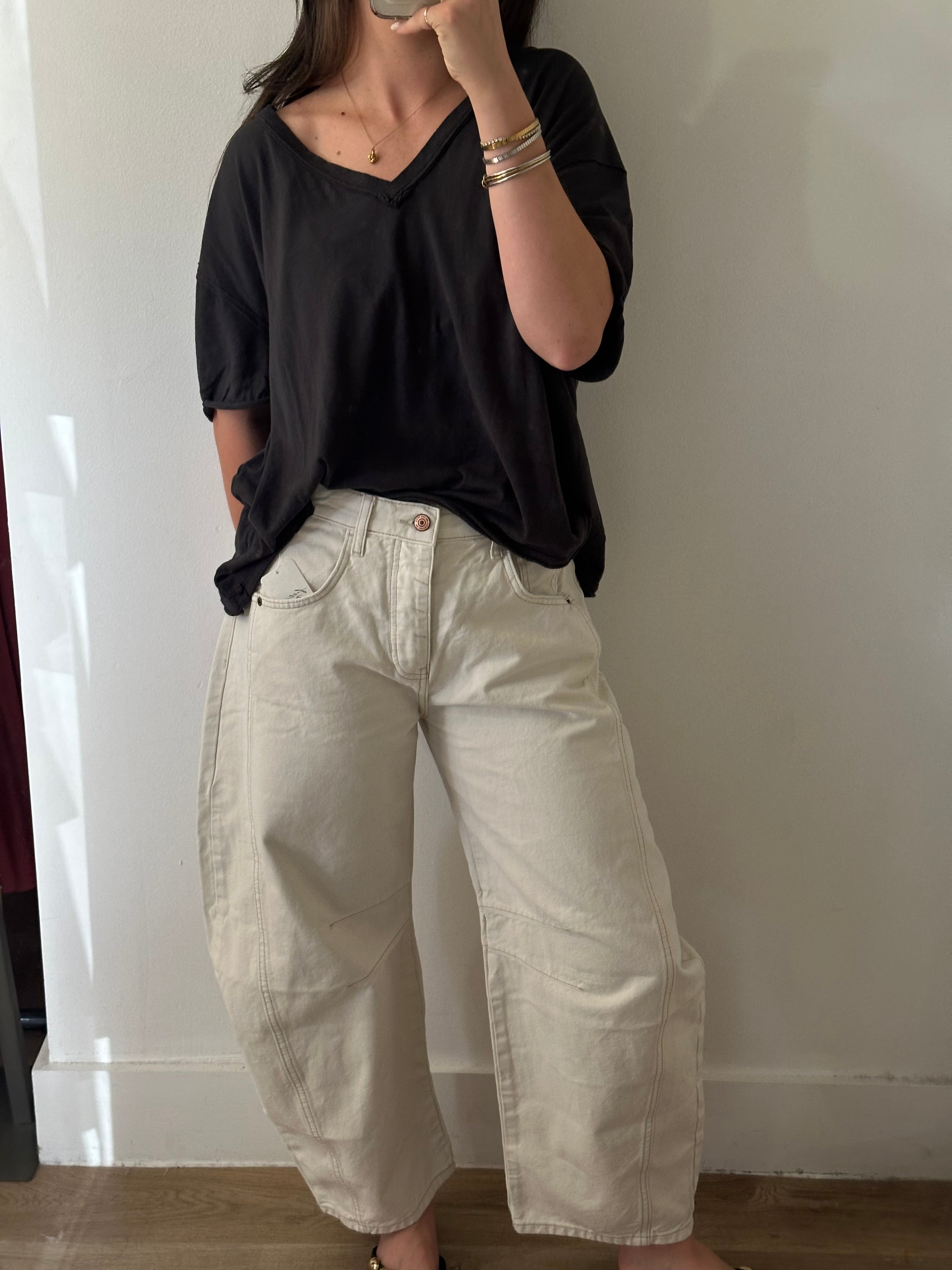 Free People Good Luck Mid Rise Barrel Jeans - Milk