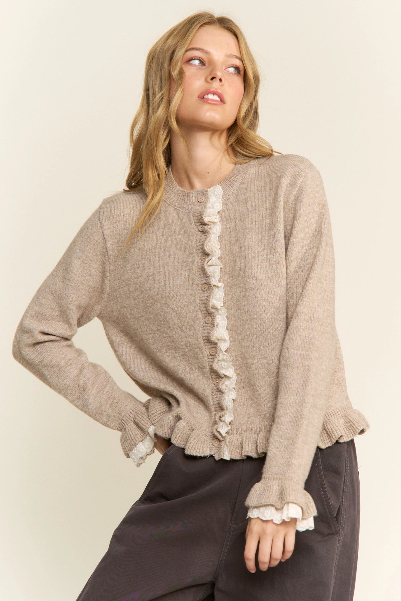 Ruffle Trim Cardigan - Oatmeal