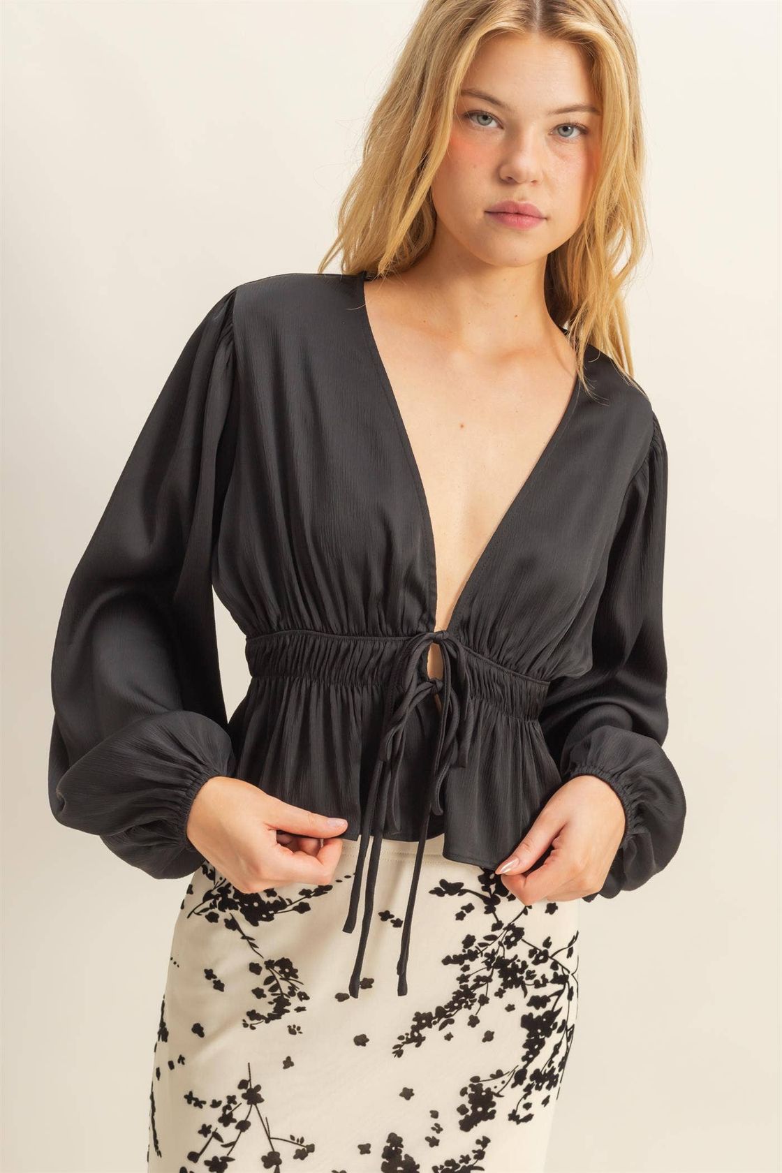 Deep V Peasant Blouse - Black
