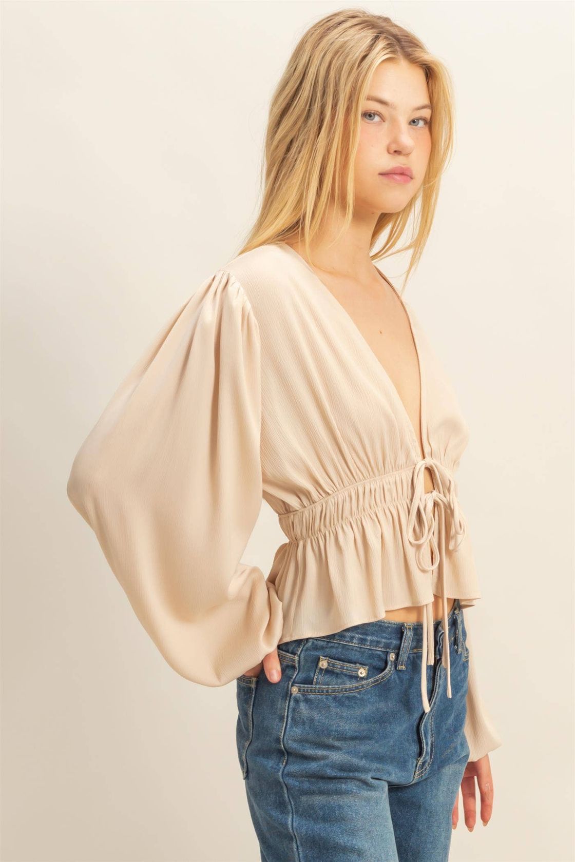 Deep V Peasant Blouse - Champagne